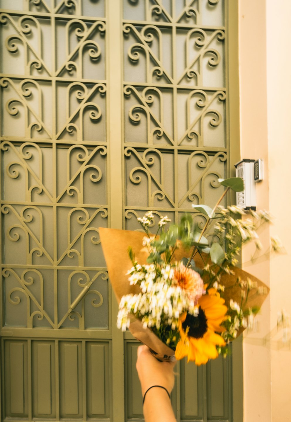 Una mano tiene un mazzo di girasoli davanti a porte di metallo ornate.