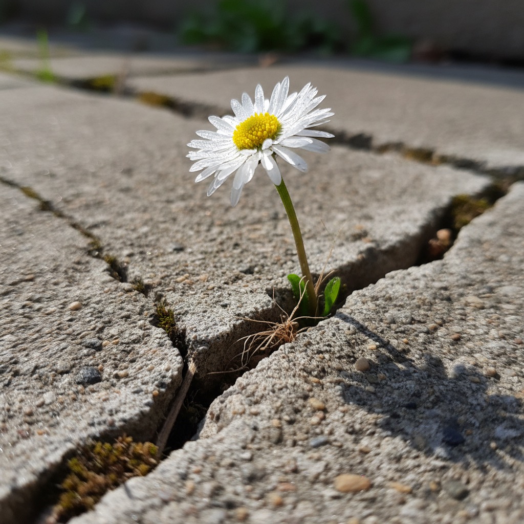 Una piccola margherita bianca e gialla cresce solitaria nella fessura tra due lastre di cemento.